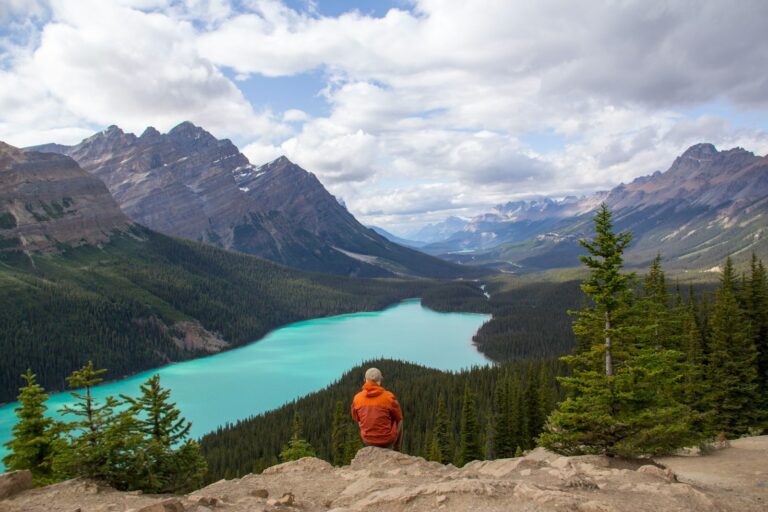 person in orange hoodie sitting on rock near lake during daytime